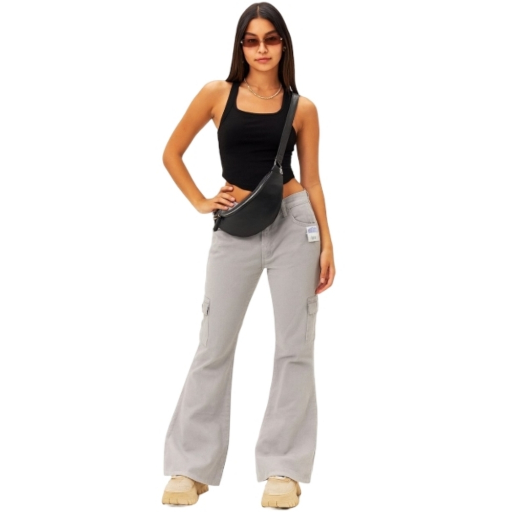 Hot & The Gang Vintage Gray Cargo Flare Pants Women Size 11‎ Y2K Utility Cotton